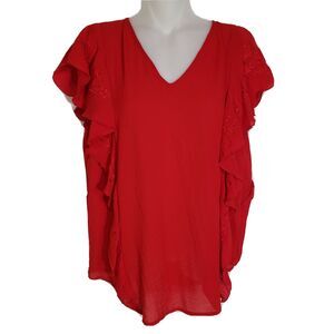 Liz Claiborne Womens Blouse Medium Red Ruffles Cap Sleeve V Neck Embroidered V